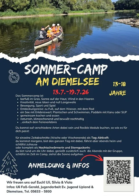 Menschen in einem Kanu, Aufschrift: Sommer-Camp am DIemelsee